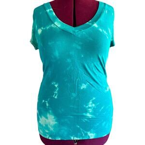 Womens Shirt Size XL Teal Tie Dye Bodycon Reworked Hippie Plunge Neckline Indie